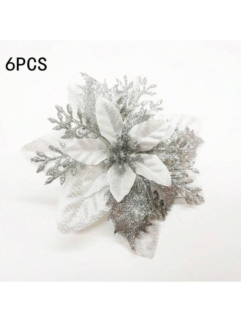 6PCS Gold Powder Christmas Flower Simulation Flower Christmas Tree Pendant Decoration Flower Wreath Accessories