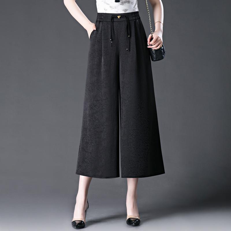 2024 Women's High Waist Drapey Wide-Leg Skirt Pants - Summer Plus Size, Eight-Point Length for Casual, Middle-Aged Style