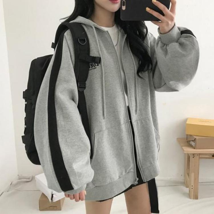 Women Hoodie Coat Spring Loose Zipper Cardigan Long Sleeves Soft Keep Warm Contrast Color Hooded Casual Outerwear