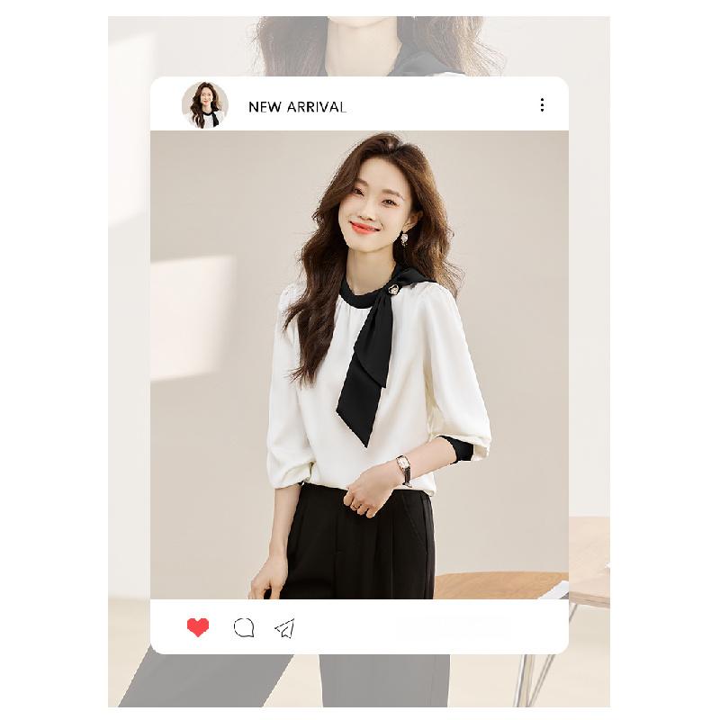 Gentle Collar Bow Tie Shirt for Women, 2026 Spring and Autumn New Style, Color Block Ribbon Design Satin Top