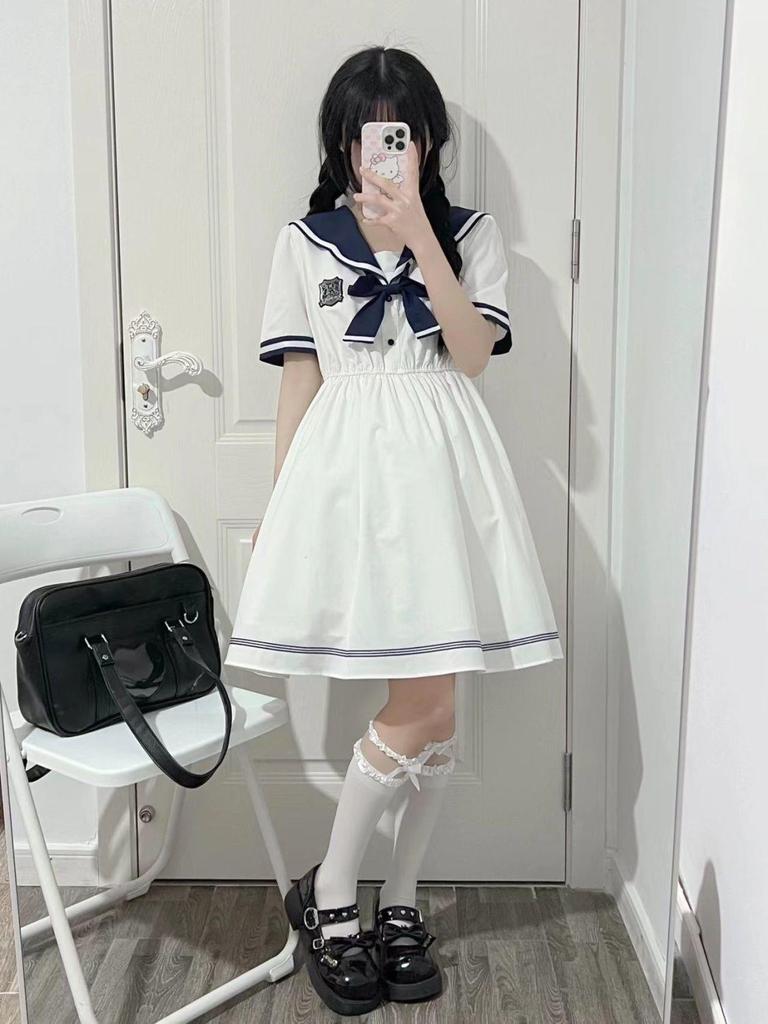 Japanese Sweet Student College Wind Navy JK Dress Women's Summer Lolita Princess Dress Adult Daily Light Lo