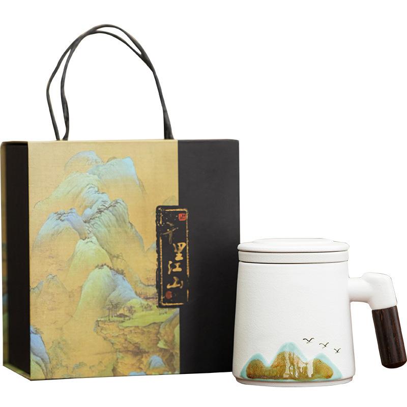 Retro High-end Coarse Pottery Qingshan Flying Bird Teacup Set Ceramic Office Cup Annual Meeting Gift Practical Souvenir