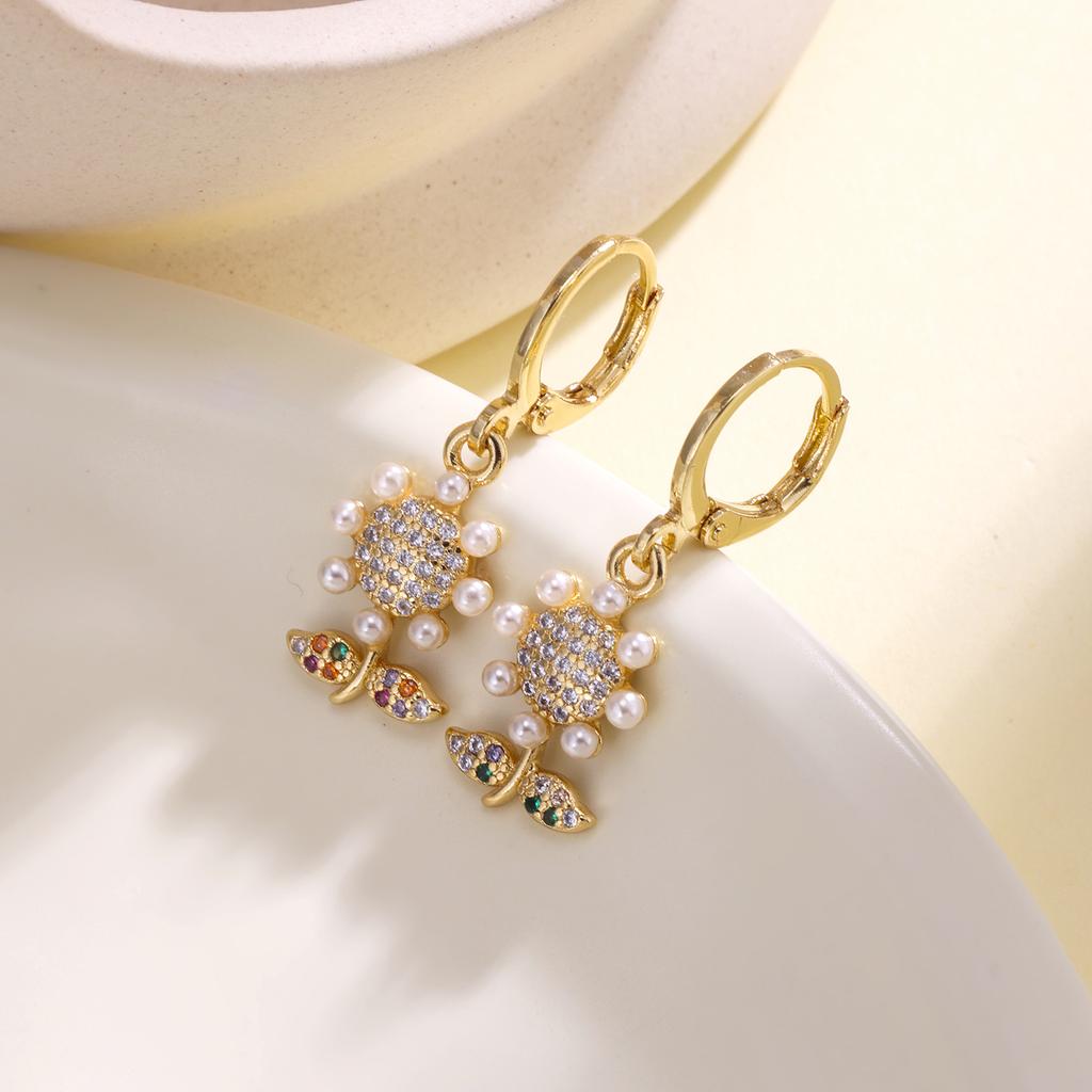 Nidin Multicolor Zircon Flower Hoop Earrings For Women Elegant Pearl Sunflower Dangle Ear Buckle Bridal Wedding Jewelry Gifts