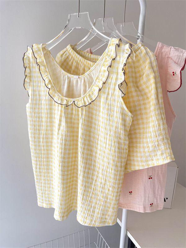 

Korean version of simple style yellow plaid pajamas women s summer suspender shorts two-piece set girl casual can wear loungewear S