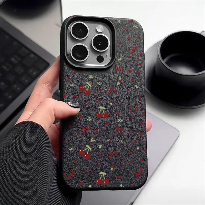 Little Cherry Bowknot Print Soft Matte Case For iPhone 16 Pro Max 15 Pro 14 13 12 11 TPU Leather Texture Shockproof Slim Phone Cover