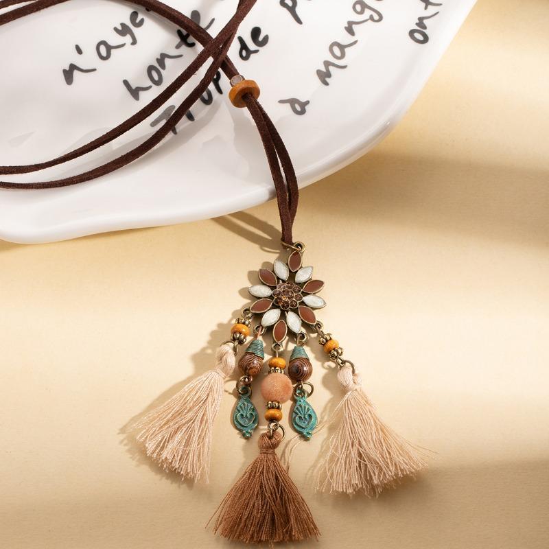 Retro Ethnic Style Personalized Sweater Chain Woven Tassel Butterfly Ring Pendant Necklace