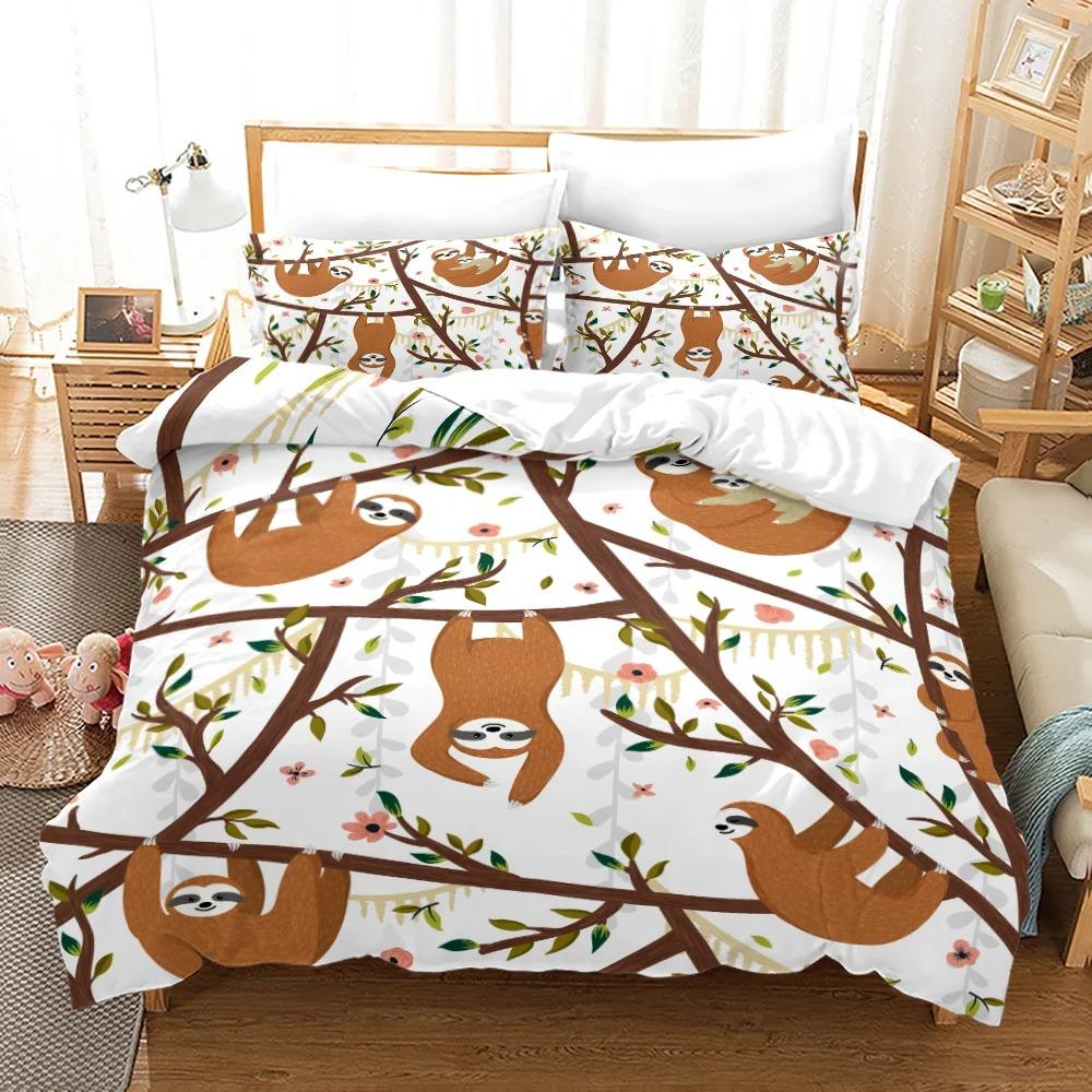 Faultier Bettbezug-Set Baumbewohnendes Säugetier Schläft auf Ast im Wald Faule Stimmung Entspannendes Thema Dekorative Polyester-Bettwäscheset