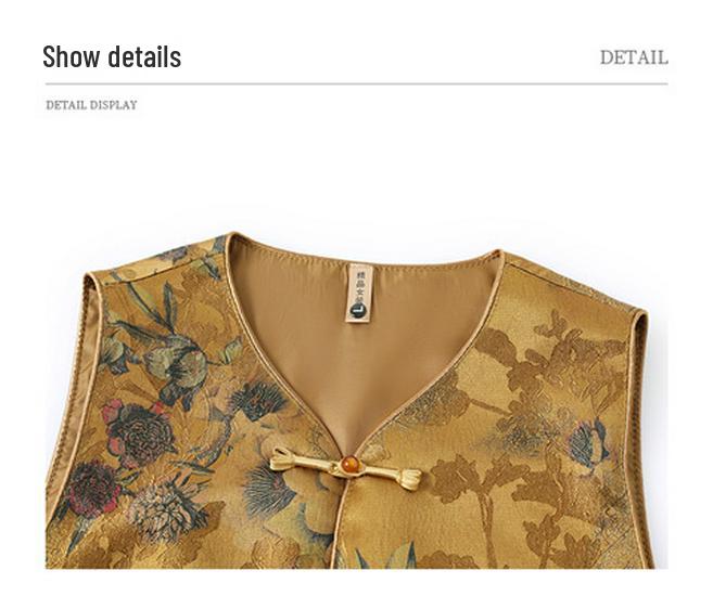Mom's Vintage Chinese Frog Button Print Vest – Sleeveless V-Neck Cardigan