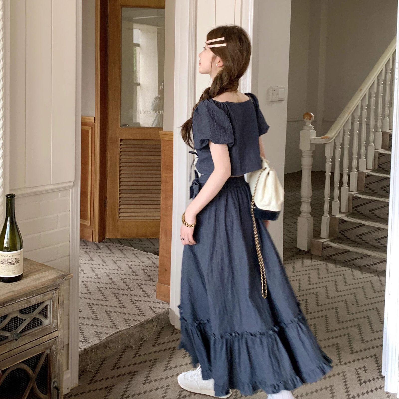 

Summer 2026 Blue Island Love Lace-up Top & Bowknot Skirt Set for Trendy Female Students L [suggested weight 105-120 jin]