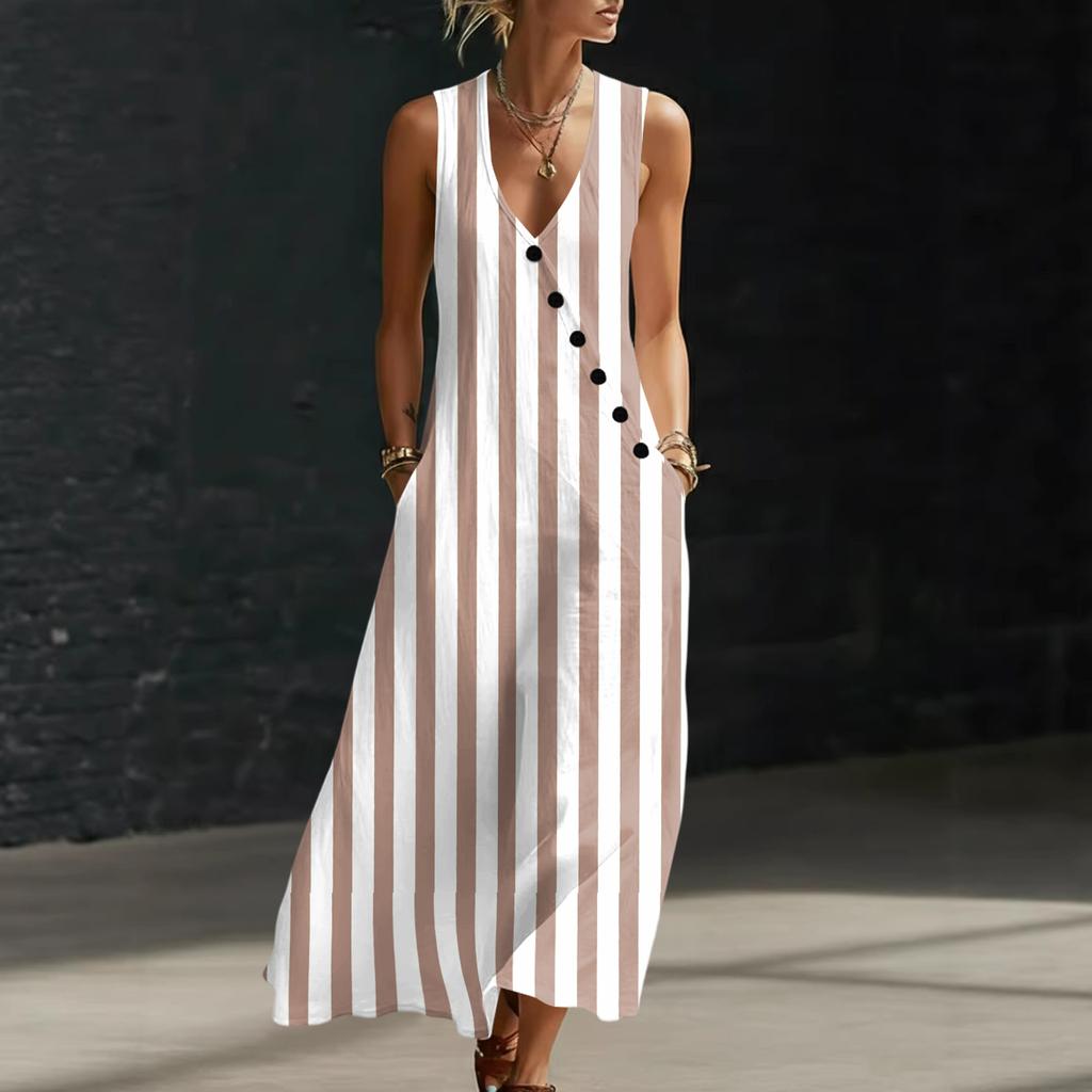 Dames Gestreept V-hals Knopen Mouwloos Maxi Jurk Katoen Linnen Lange Vestjurk Casual Losse Pasvorm Zomerstijl