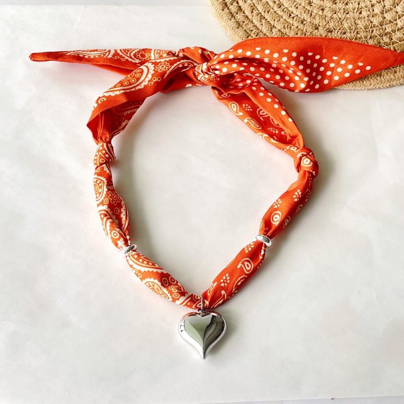 Cutie Bandana Scarf Necklace With Stainless Steel Heart Charm Handmade Jewelry Gift For Mother Wife Girls