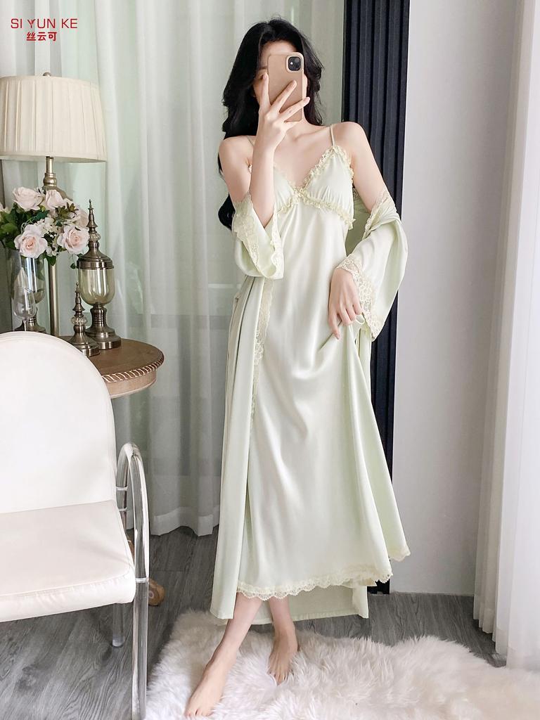 New pajamas ice silk French spring and summer lace nightgown sexy loungewear chest pad long suspender nightgown two-piece set