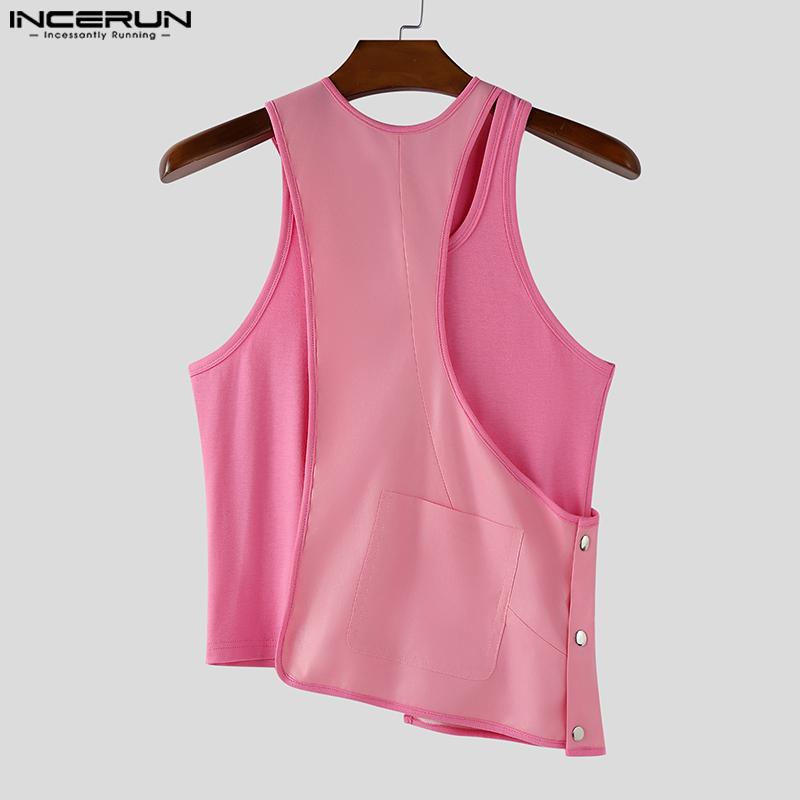 INCERUN Men Sleeveless Front Cross Irregular Casual Patchwork Tank Tops