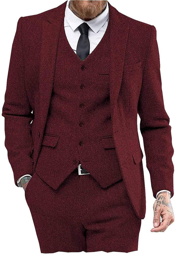 Men's Slim Fit Herringbone Three-Piece Suit for Business, Banquets, and Weddings