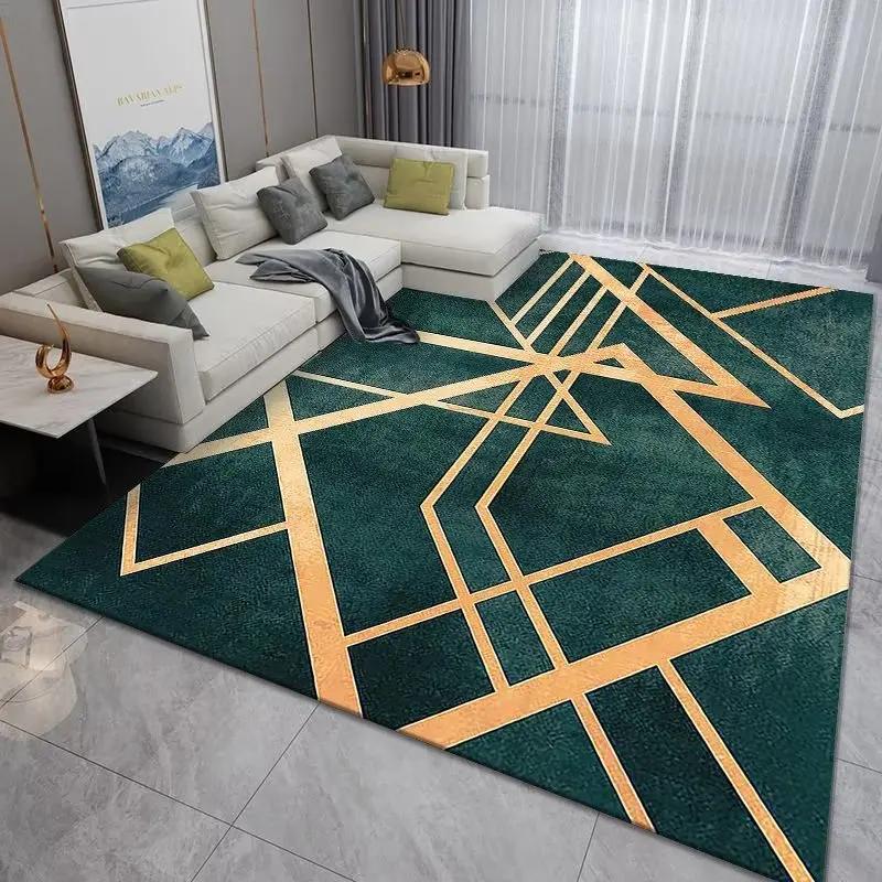 Luxury Geometric Area Rug – Washable Plush Gold & Green Living Room Carpet, Oversized Bedroom Bedside Mat