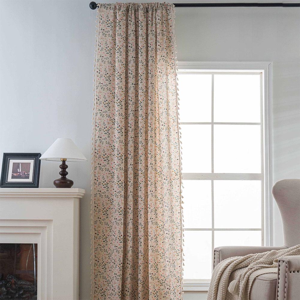 Polyester Cotton Printed Fringe Curtains Semi-Blackout Windows Curtains With Tassels Cotton Linen Curtains Panels For Bedroom