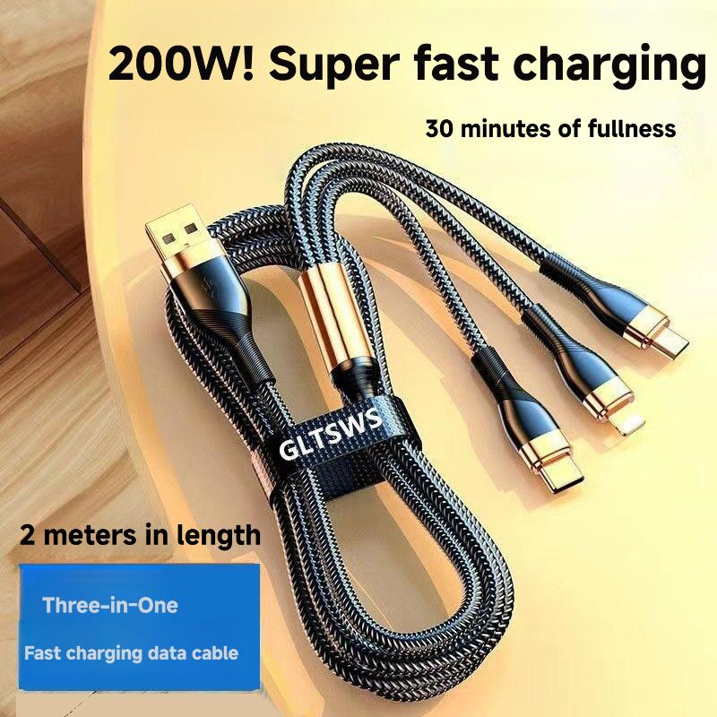 200W Super Fast Charging Data Cable, 3-in-1 Charging Cable, One-to-Three, Compatible with Apple/Android/TYPE-C