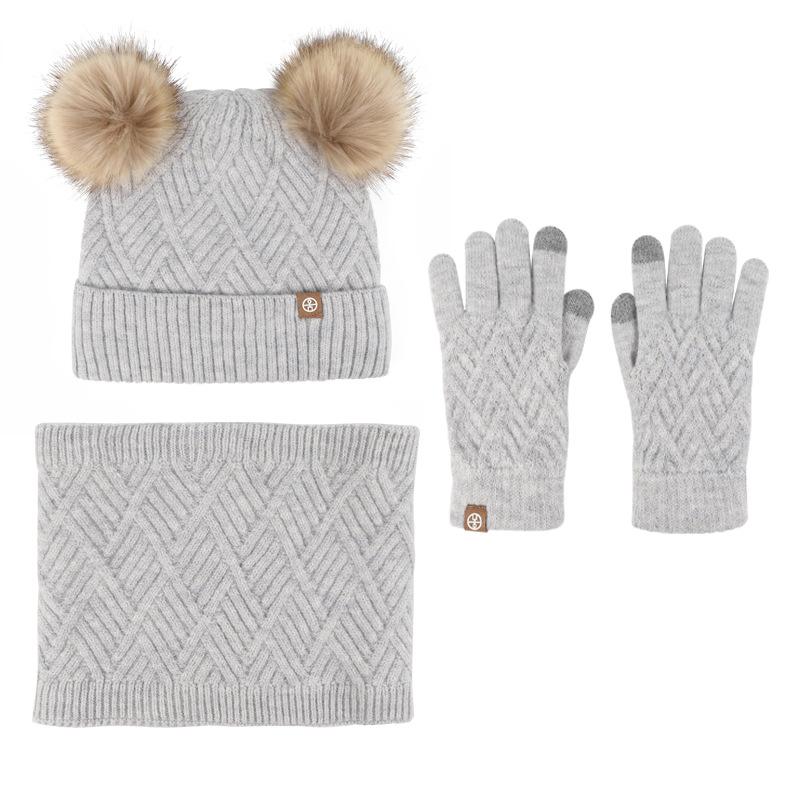 Winter middle-aged and older children's hairball hat, scarf, gloves, three-piece set, plush warm knitted children's gloves