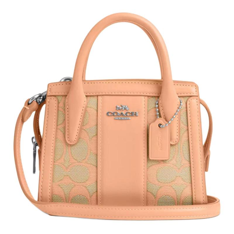 

COACH 16 Signature metal logo Refined calfskin with jacquard Shoulder crossbody tote Mini Women s silver with faded blush срібний