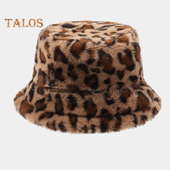 Women Winter Hat Flat Dome Leopard Print Basin Hat Thickened Warm Plush Bucket Hat Warm Knit Outdoor Hat