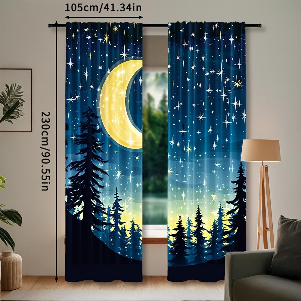 Set Of 2 Modern Semi Polyester Curtains Full Moon Starry Forest Night Sky Design Window Curtain With Rod Pocket Sheer Machine Washable