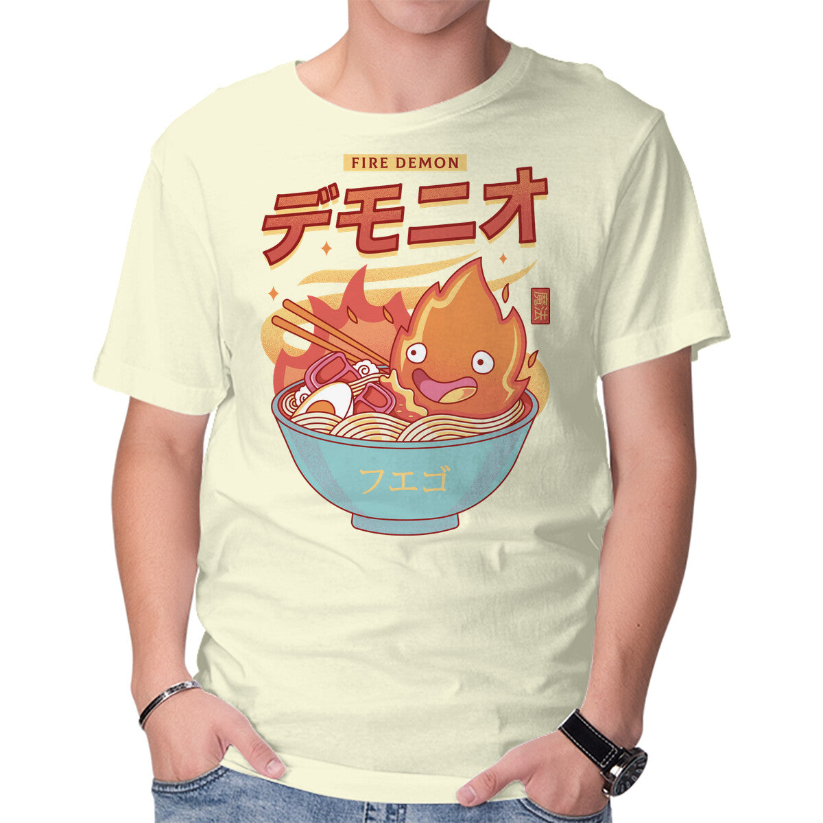 Unisex Crew Neck T-Shirt The Fire Demon Ramen Graphic Short Sleeve Casual Tee M
