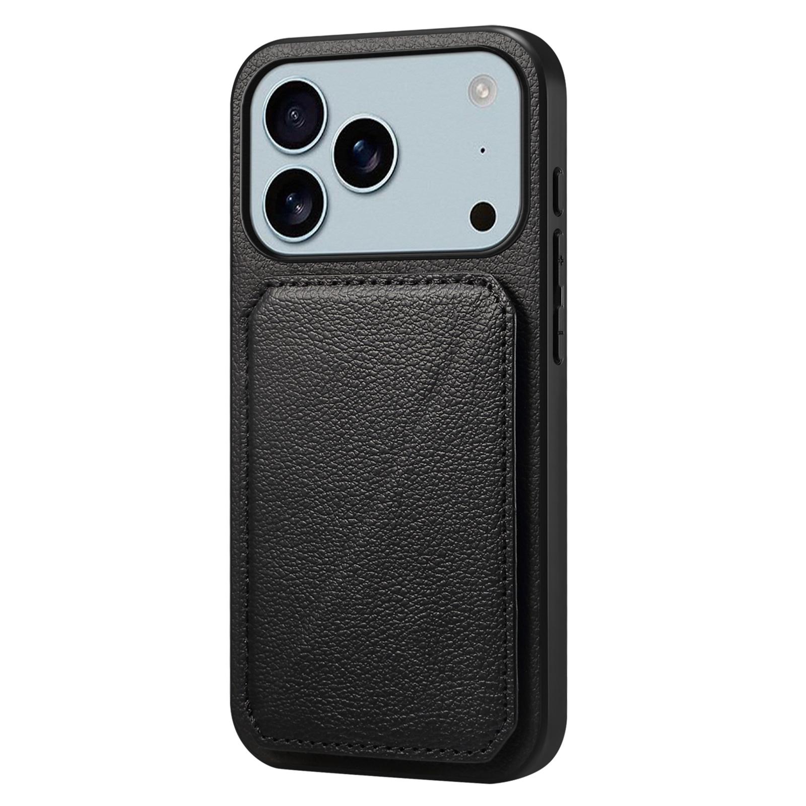 

Чехол для iPhone 17 Pro Max с держателем для карт, подставкой, текстурированный кожей теленка, PC+TPU чехол для телефона Black