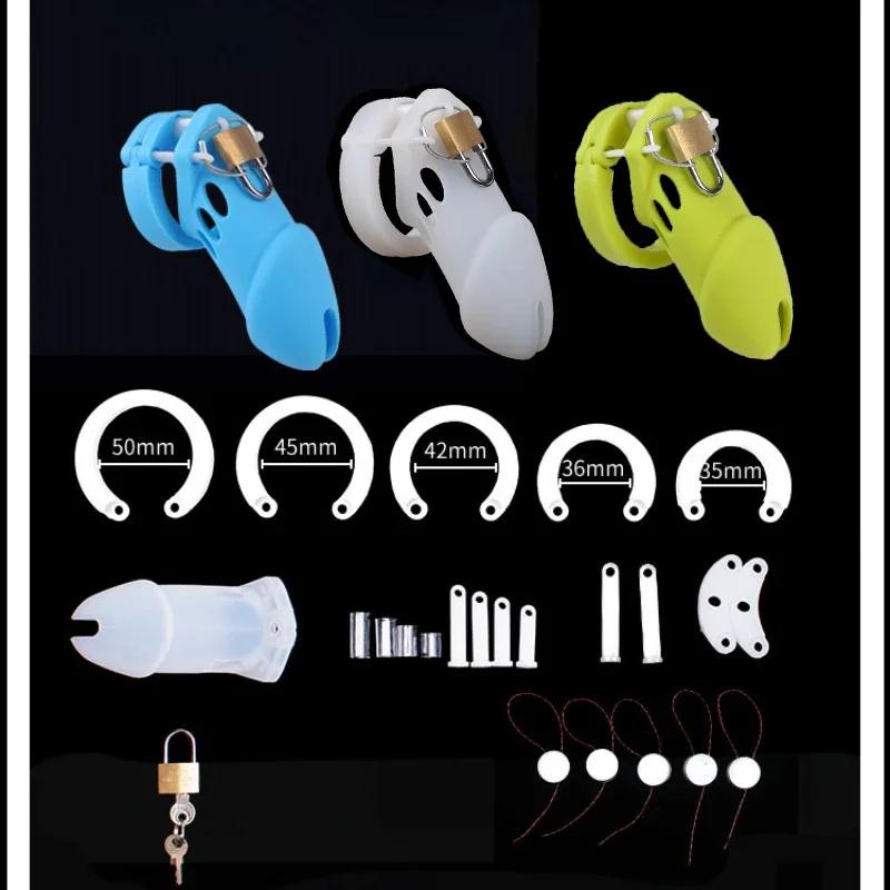 Silicone Chastity Cage Male Cock Lock With 5 Sizes Penis Ring Chastity Belt Sextoys For Men Stretcher BDSM Gay Sex Shop