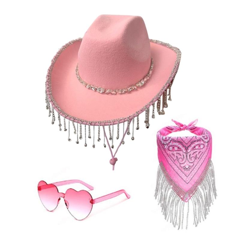 Western Cowboyhut Brillen für Brautparty Cowgirl Kopftuch Kostümset Damen Kopfbedeckung Nachtclub Halloween Outfit