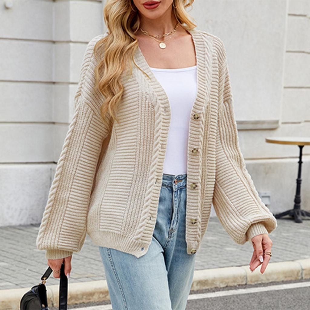Women's Fashion Solid Color Long Sleeved V-neck Knitted Sweater Cardigan Jacket