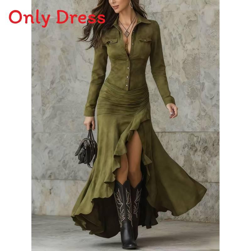 English Dress Long Sleeve Round Neck Zip Back Asymmetrical Hem For Casual Autumn