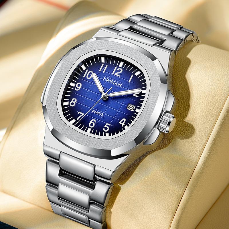 Men's Luxury Nautilus Style Watch Stainless Steel Case Analog Quartz Watch with Luminous Hands Push Button Clasp Casual Watch