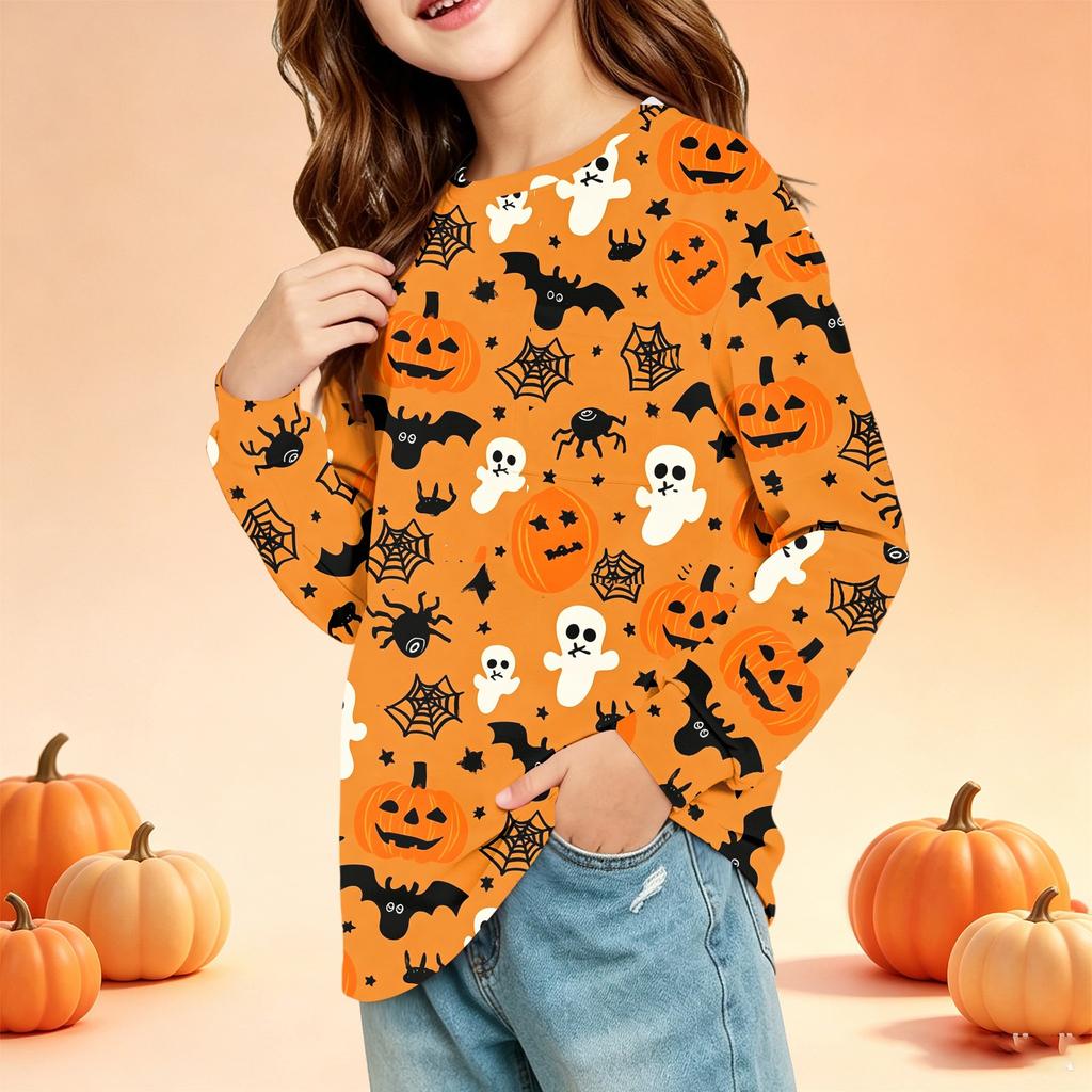 Kids Halloween Print Long Sleeve Neck T-Shirt with Pockets