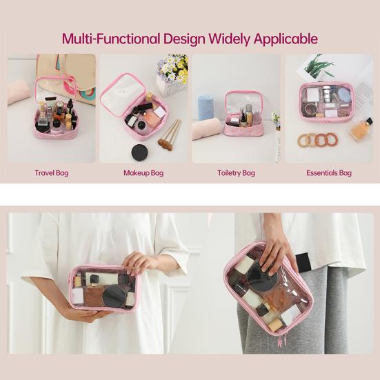 Pink Bow Makeup Bag Portable Cosmetic Pouch with Transparent Window Zippered Travel Cosmetic Organizer for Business Trip Vacation