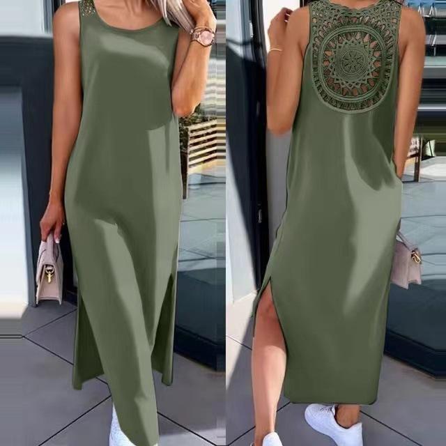 European and American Style Foreign Trade Women's Clothing Lace Hollow Strap Dress Sleeveless Slit Vest Skirt Over the Knee Medium and Long Skirt