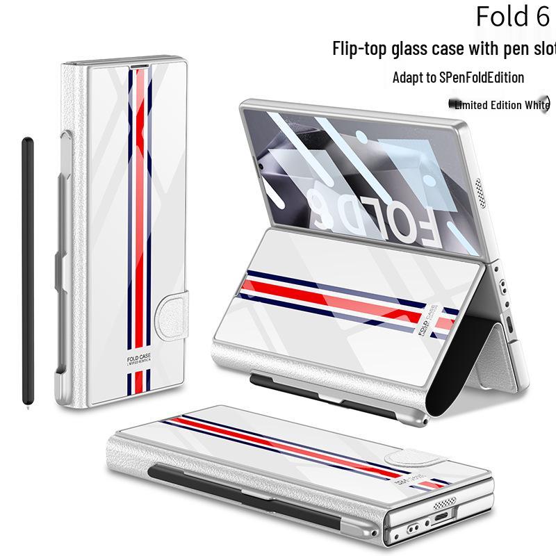 Samsung Z Fold 6 Leather Flip Case with Pen Slot and Glass Cover – Stylish and Business-Friendly.