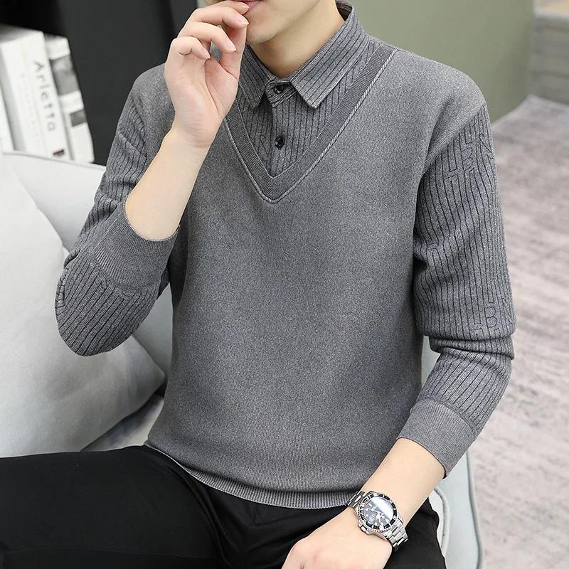 Men's Clothing Polo-Neck Pullovers Men Button Knitted Business Casual Sweater Autumn Winter Striped Patchwork Basic Fashion Sweaters