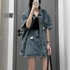 Women's Summer Retro Loose-Fit Denim Two-Piece Skirt and Shirt Set