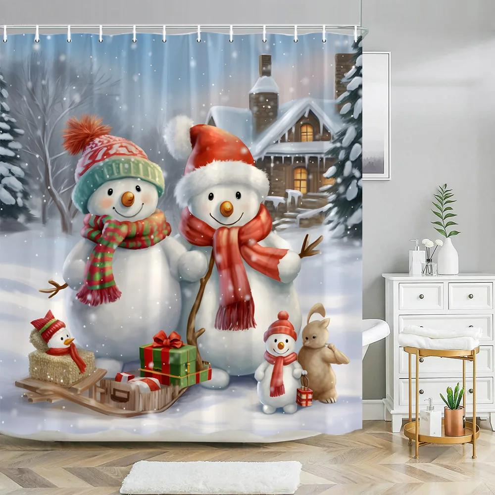 Funny Christmas Animals Shower Curtain Cute Puppy Dinosaur With Christmas Hat Flamingo Fabric Home Bath Curtains Bathroom Decor