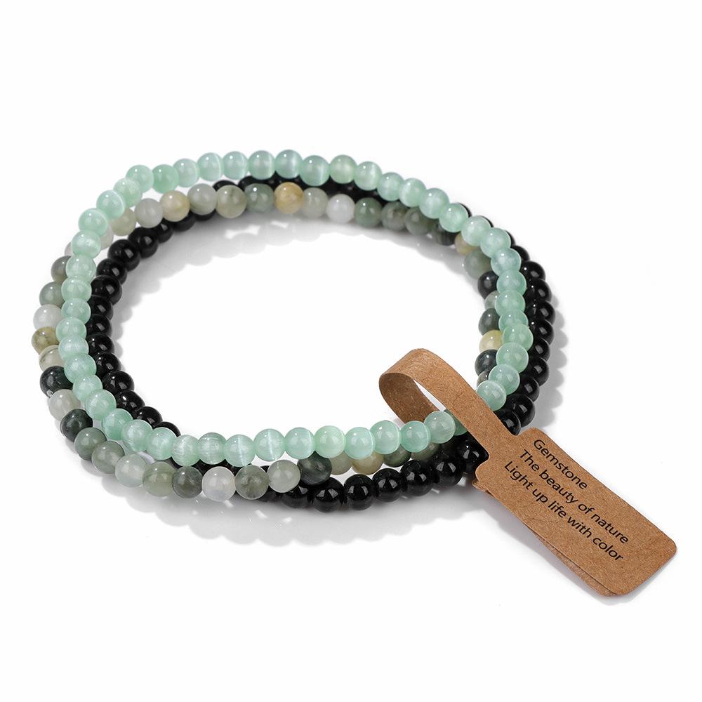 Braccialetti Elastici con Perline di Pietra Naturale da 4 mm (3 Pezzi) per Donna Uomo Agate Muschiate Quarzi Rosa Set di Braccialetti Elasticizzati con Etichetta Gioielli
