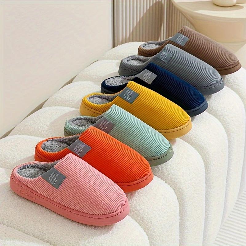 Unisex Winter Warm Slip-On Slippers with Non-Slip Rubber Sole - Plush Fabric Indoor House Shoes for Home