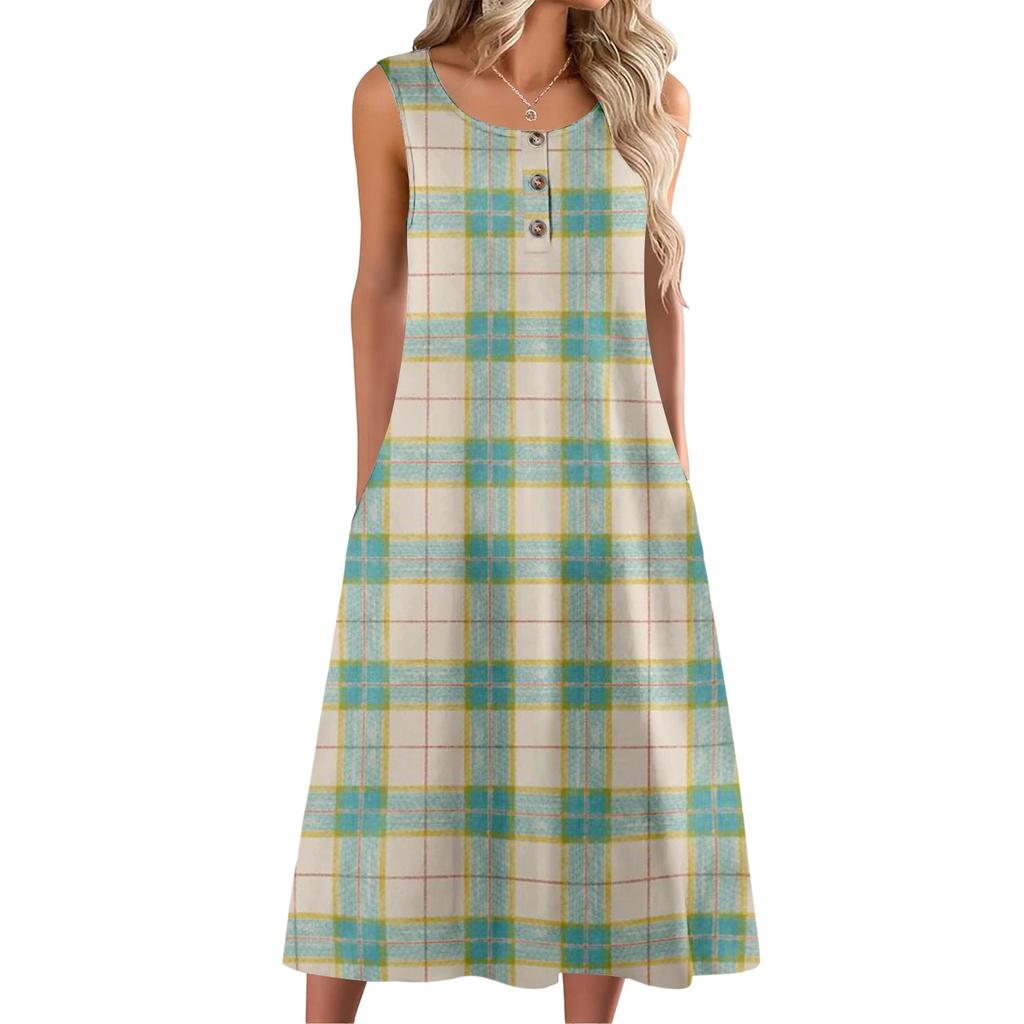 Women's Fashion Casual Sleeveless Button Plaid Print Dress with Pocket
