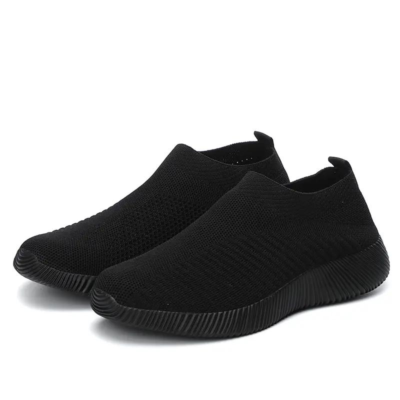 Fashion Womens Shoes Knitting Sock Sneakers Women Flat Black Casual Breathable Comfortable Slip on Flats Walking Shoes for Men White