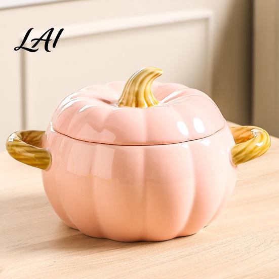 Handled Soup Bowl with Lid Pumpkin And Double Handle Microwave Safe Decorative Practical Kitchen Gift for Home Ceramic Bowl Heat Resistant Pot Stews