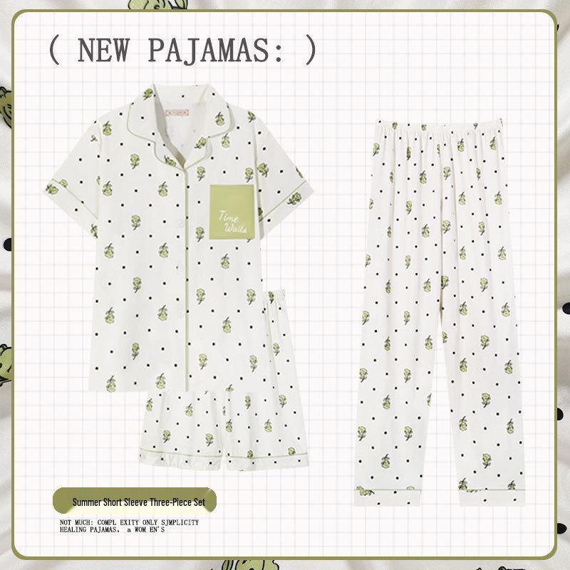 Pastoral Women's Pajama Set: Soft, Cute Rabbit Design, Short-Sleeve, Casual Three-Piece Loungewear.