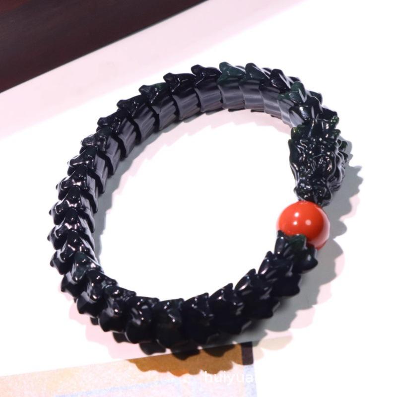 Prachtig Gesneden Jade Draak Armband: Natuurlijke Hetian Groene & Zwarte Schapenvet Jade met Inkt Jade Accenten