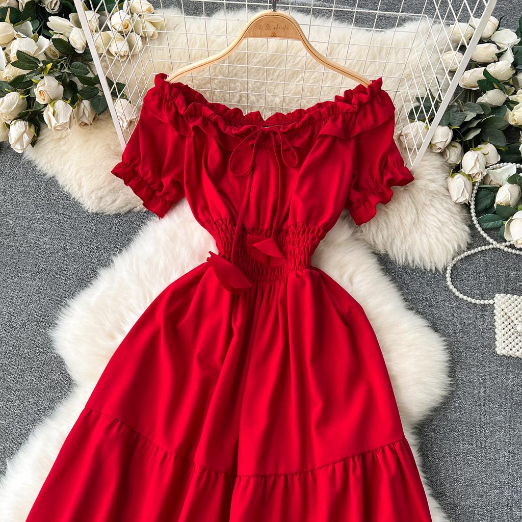 Vintage Elegante Slash Neck Kurzarm Kleid A-linie Mode Chiffon Frühling Herbst Frauen Kleider