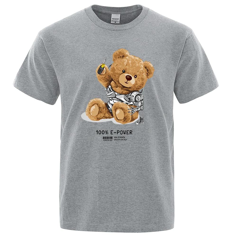 Sitting Machine Bear Cartoon Prints Funny T-Shirt Men Loose Cotton Clothing Crewneck Breathable Casual T Shirt Oversized Tees
