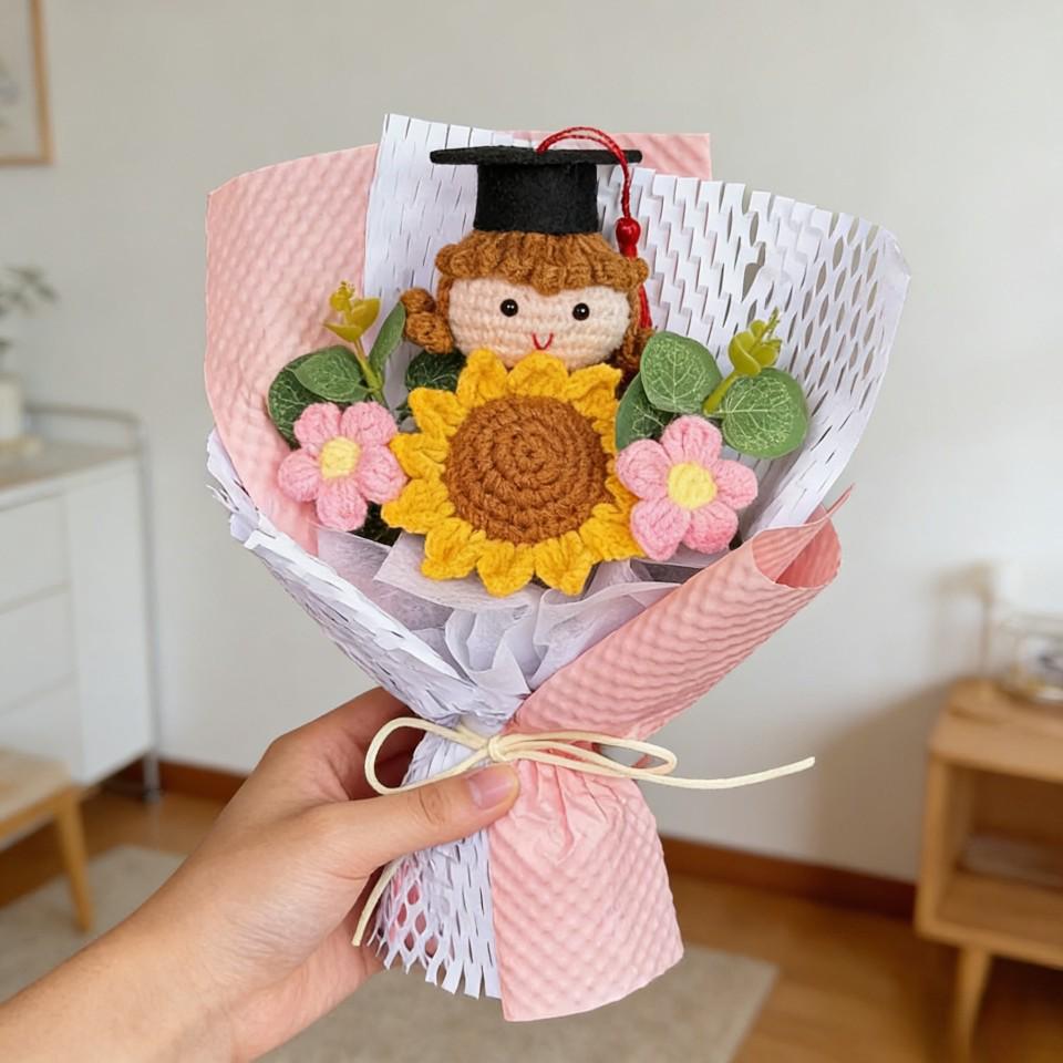 Handmade Yarn Flower Knit Doll Sunflower Bouquet - Creative Graduation Gift for Boys and Girls' Birthdays