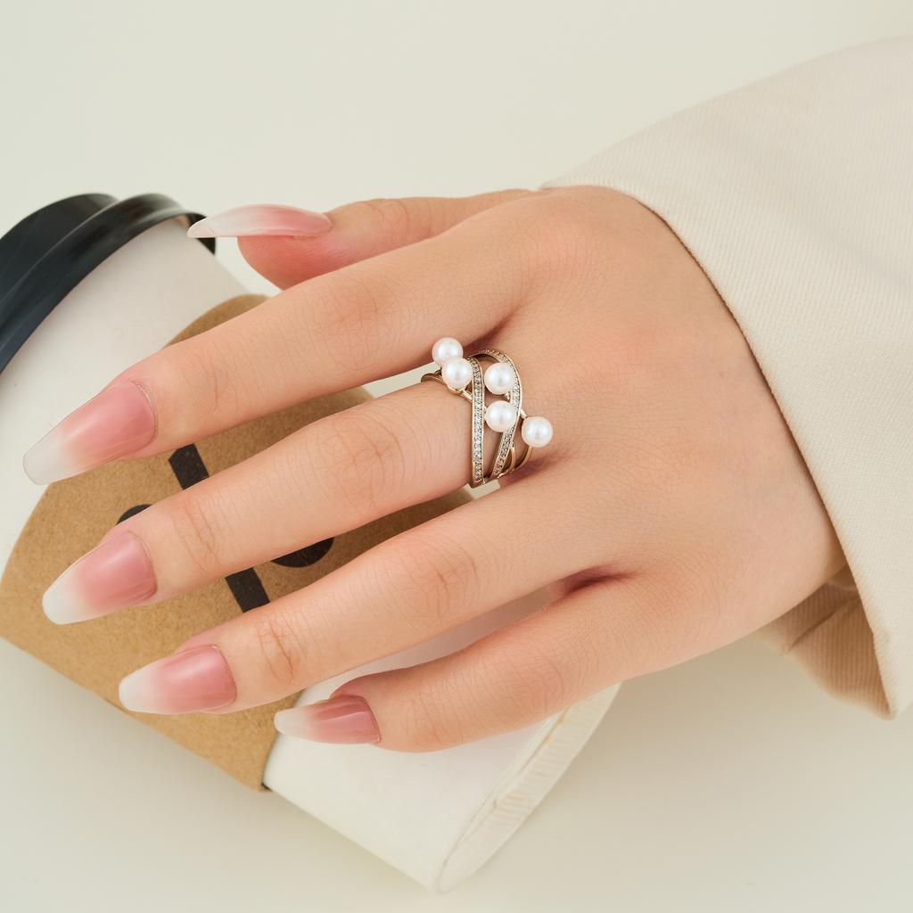 Premium Winding Micro-inlaid Zircon Imitation Pearl Opening Ring Fashionable Light Luxury Adjustable Ring New Index Finger Ring